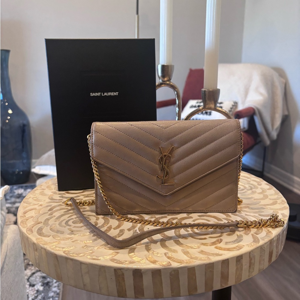 Saint Laurent Taupe Quilted Leather Clutch